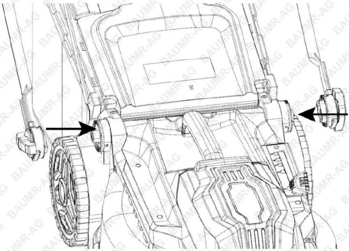 Technical diagram of a robotic lawn mower with labeled components and directional arrows indicating movement or assembly.