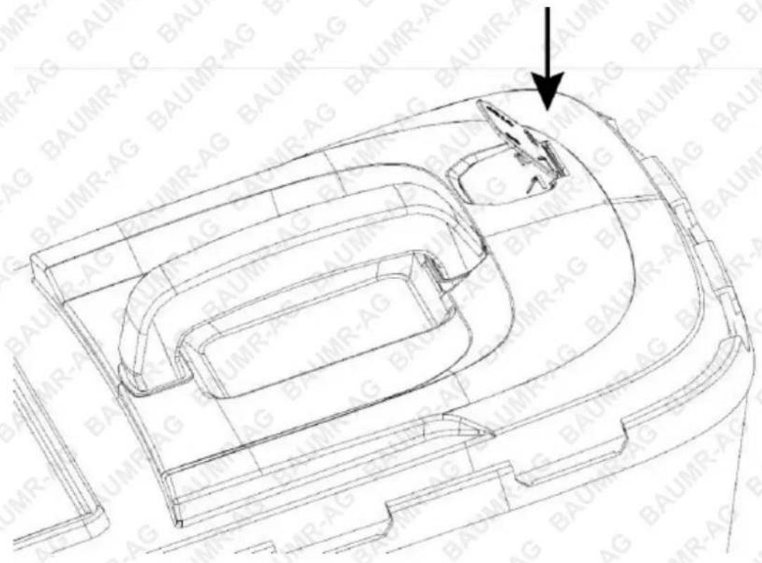 Technical diagram of a mechanical component with labeled parts and an arrow indicating a specific feature.
