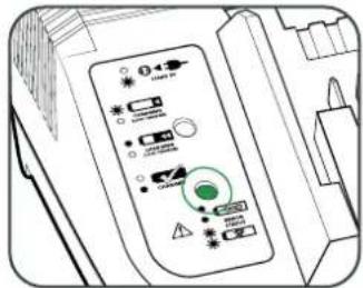 Diagram of a device control panel with labeled buttons and indicators, including a green circular icon and various symbols.