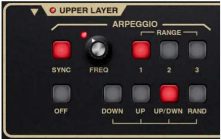 UPPER LAYER ARPEGGIO RANGE SYNC FREQ 1 2 3 OFF DOWN UP UP/DWN RAND