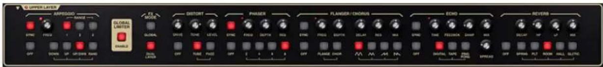 UPPER LAYER ARREGID RANGE STNG FREQ 1 2 3 OFF DOWN UP UP/Down RAME GLOBAL LUSTER ENABLE FL MODE DISTORT PHASER FLANGER/CHORUS ECNO REVERS OFF PLANGE CHICK M M M M OFF DRAGON TAPE RED BONE SPREAD OFF SPRA PUT ROOM HALL ELECTRIC