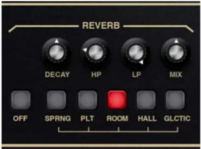 REVERB DECAY HP LP MIX OFF SPRNG PLT ROOM HALL GLCTIC
