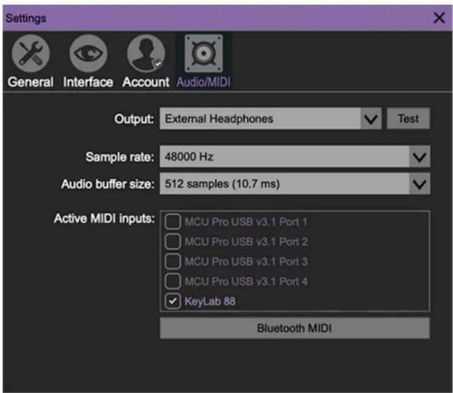 Settings General Interface Account Audio/MIDI Output: External Headphones Test Sample rate: 48000 Hz Audio buffer size: 512 samples (10.7 ms) Active MIDI inputs: MCU Pro USB v3.1 Port 1 MCU Pro USB v3.1 Port 2 MCU Pro USB v3.1 Port 3 MCU Pro USB v3.1 Port 4 KeyLab 88 Bluetooth MIDI