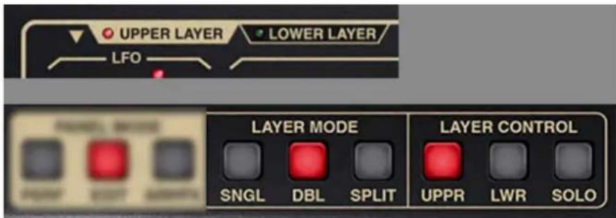 UPPER LAYER LOWER LAYER LFO LAYER MODE SNGL DBL SPLIT UPPR LWR SOLO LAYER CONTROL