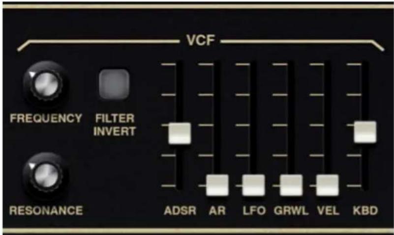 VCF FREQUENCY FILTER INVERT RESONANCE ADSR AR LFO GRWL VEL KBD