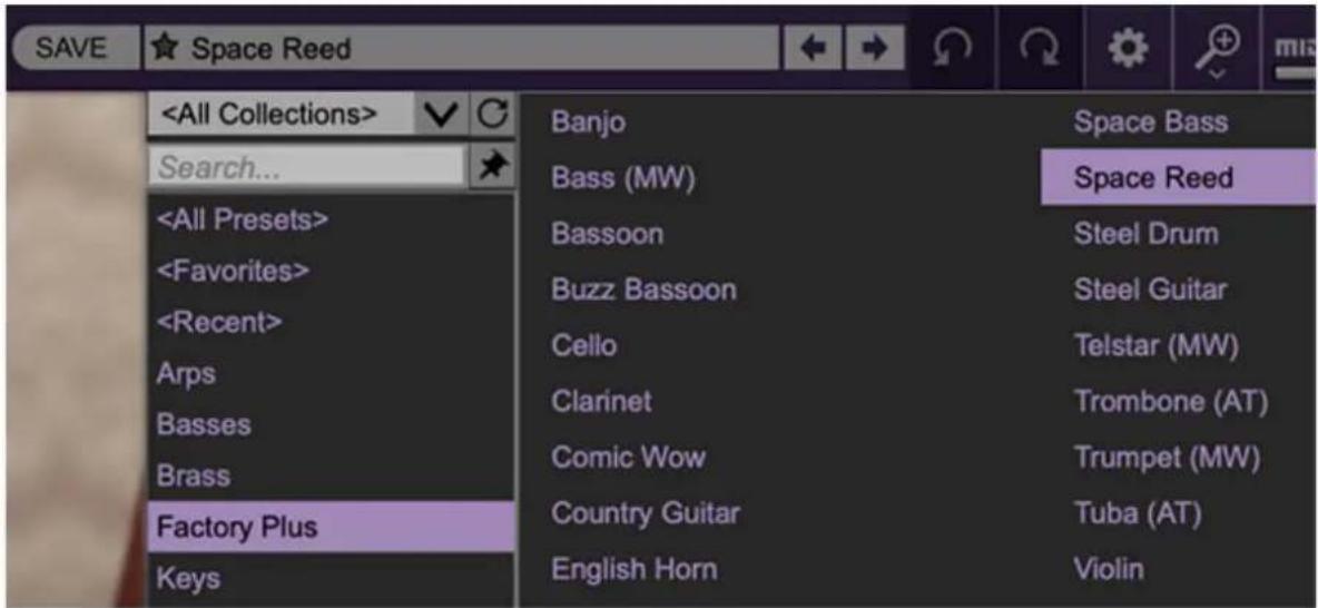 SAVE ★ Space Reed Search... Arps Basses Brass Factory Plus Keys Banjo Space Bass Bass (MW) Space Reed Bassoon Steel Drum Buzz Bassoon Steel Guitar Cello Telstar (MW) Clarinet Trombone (AT) Comic Wow Trumpet (MW) Country Guitar Tuba (AT) English Horn Violin