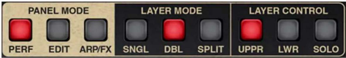 PANEL MODE PERF EDIT ARP/FX LAYER MODE SNGL DBL SPLIT LAYER CONTROL UPPR LWR SOLO