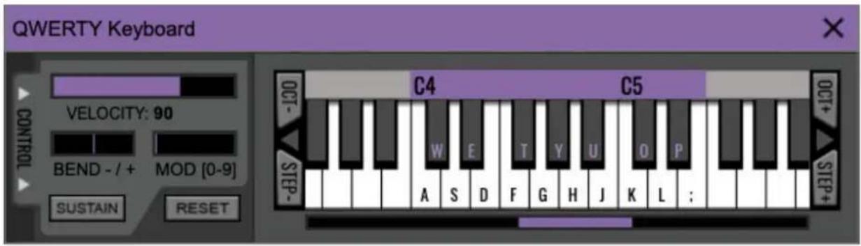 QWERTY Keyboard CONTROL VELOCITY: 90 BEND - / + MOD [0-9] SUSTAIN RESET C4 C5 OCT- STEP- A S D F G H J K L ; W E T Y U O P OCT+ STEP+