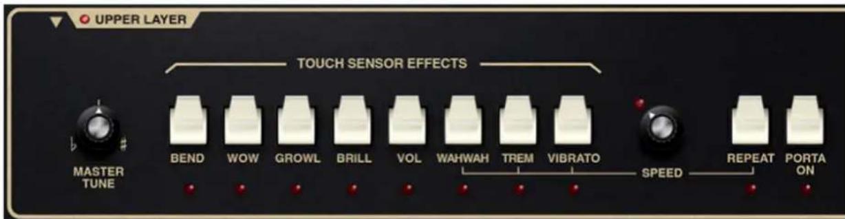 UPPER LAYER TOUCH SENSOR EFFECTS MASTER TUNE BEND WOW GROWL BRILL VOL WAHWAH TREM VIBRATO SPEED REPEAT PORTA ON