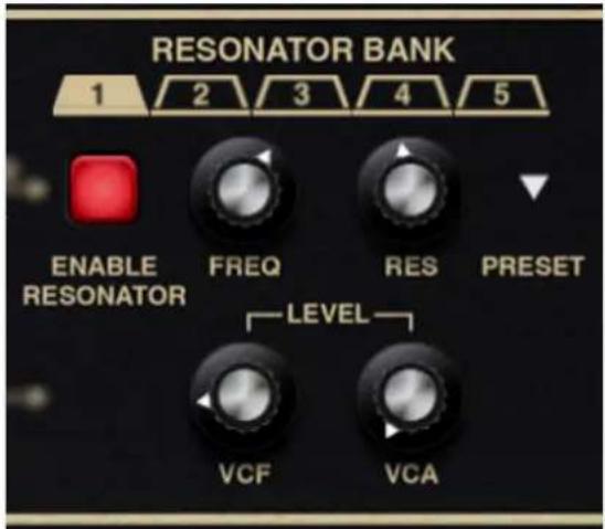 RESONATOR BANK 1 2 3 4 5 ENABLE RESONATOR FREQ RES PRESET LEVEL VCF VCA