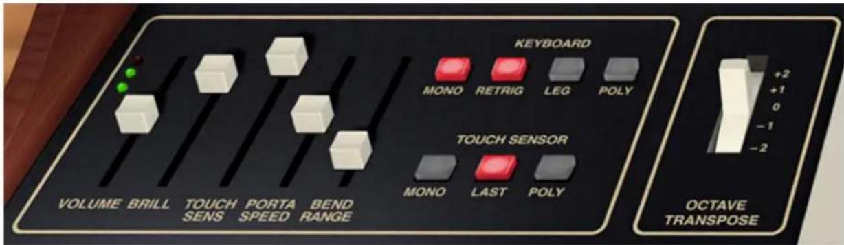 VOLUME BRILL TOUCH SENS PORTA SPEED BEND RANGE TOUCH SENSOR MONO LAST POLY KEYBOARD MONO RETRIG LEG POLY OCTAVE TRANSPOSE
