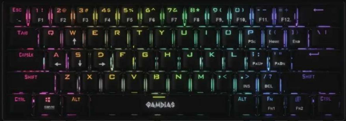 ESC 1! 2@ 3# 4$ 5% 6^ 7& 8* 9(0) =+ F1 F2 F3 F4 F5 F6 F7 F8 F9. F10. F11. F12. TAB Q W E R T Y U I O P [ ( ) ] CAPSLK A S D F G H J K L : : PAUP PADN SHIFT Z X C V B N M , < > / ? SHIFT CTRL ALT GAMDIAS ALT FN FN1 FN2 CTRL