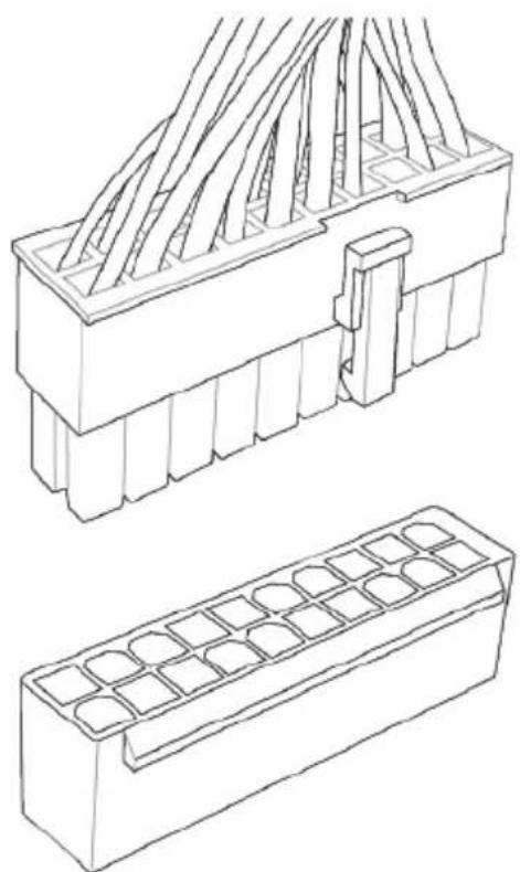 Technical line drawing of two electronic component assemblies: a multi-pin connector and a grid-patterned case (no text or symbols)