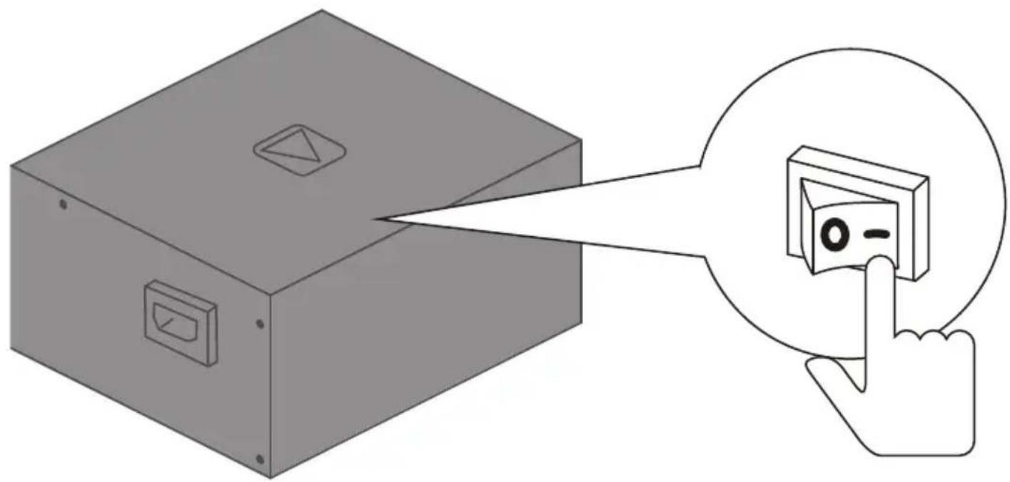 Diagram showing a device with a button labeled '0-' and a hand pointing to it, illustrating a process or operation.