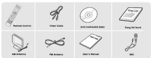 Remote Control Video Cable DVD KARAOKE DISC Song List book AM Antenna FM Antenna User's Manual MIC
