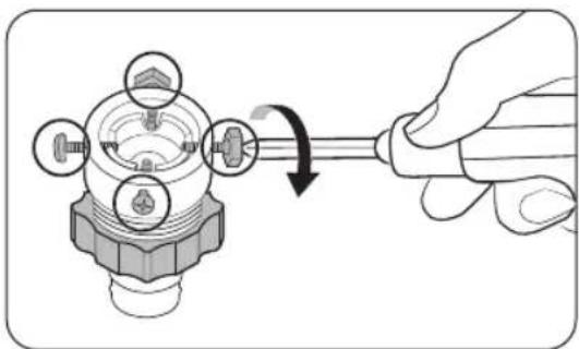 Illustration of a hand using a screwdriver to adjust a mechanical component (no text or symbols present)