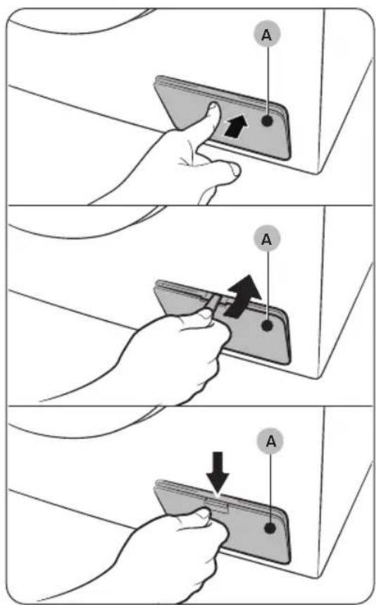 Diagram showing three-step instructions for inserting a card into a device, with labeled points A and directional arrows indicating movement.