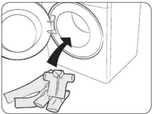 Illustration of a washing machine with two circular components and a close-up of a shirt (no text or symbols)