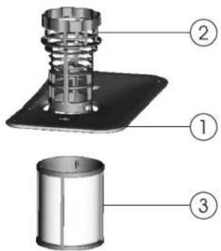 Technical diagram of a mechanical assembly with labeled parts: spring, base plate, and cylindrical component.