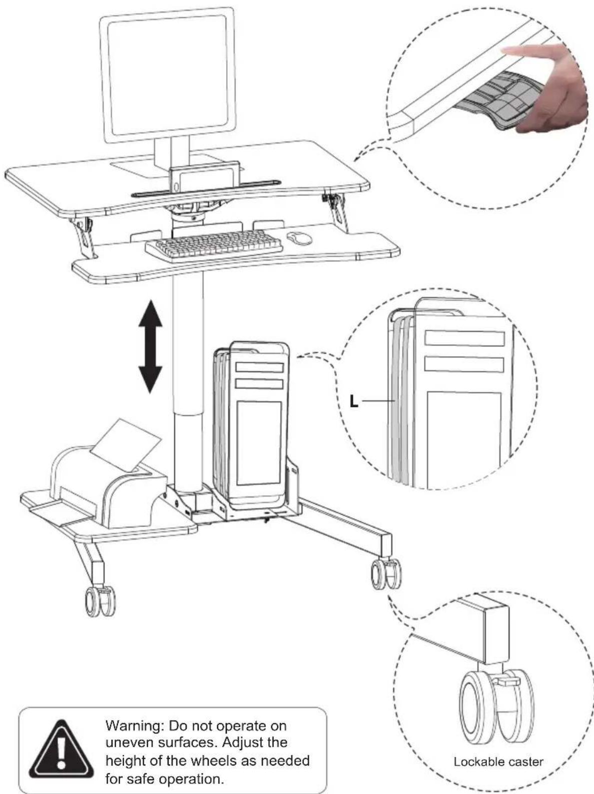 Warning: Do not operate on uneven surfaces. Adjust the height of the wheels as needed for safe operation. Lockable caster