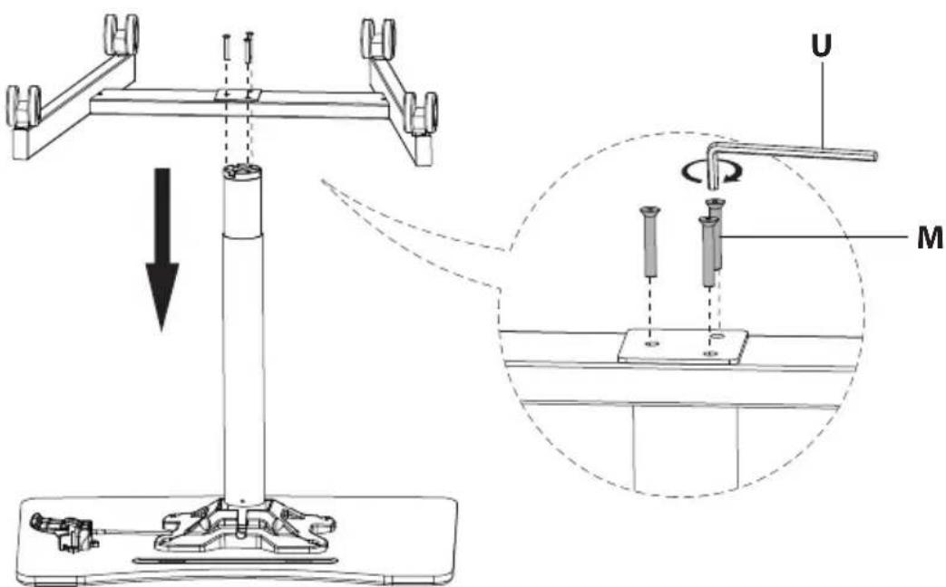Technical diagram of a mechanical device with labeled components U and M, showing assembly steps and motion indicators.