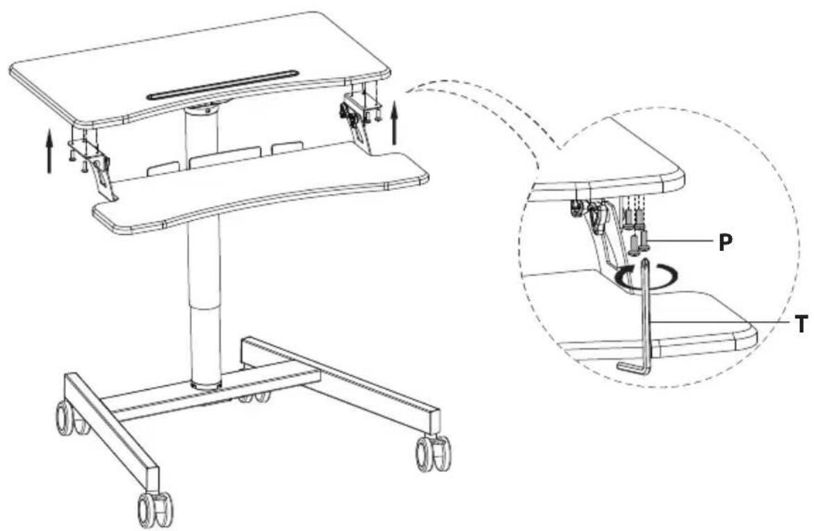 Technical diagram of a medical or laboratory apparatus with labeled parts P and T, showing structural components and motion indicators.