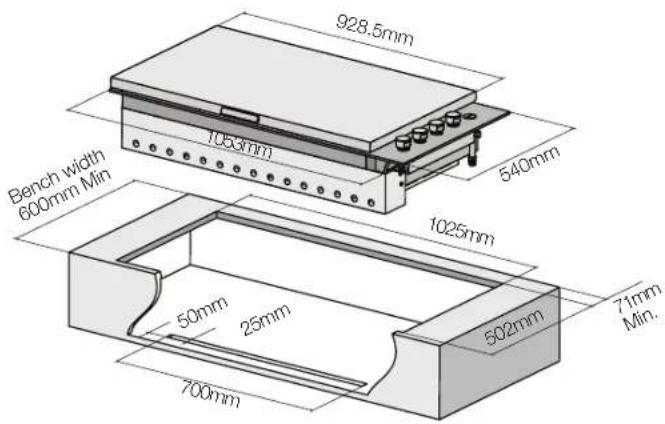 928.5mm 1050mm 540mm Bench width 600mm Min 1025mm 50mm 25mm 700mm 502mm 71mm Min.