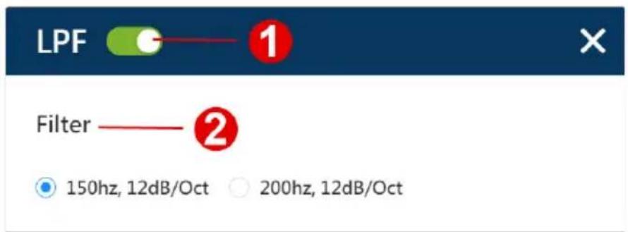 LPF 1 Filter —— 2 ● 150hz, 12dB/Oct ○ 200hz, 12dB/Oct