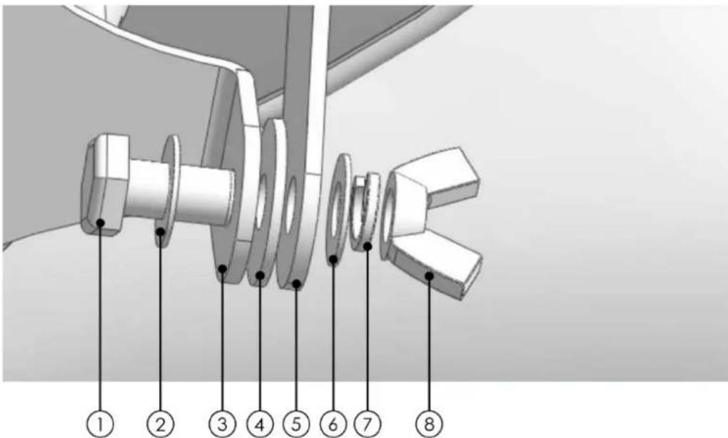 Technical diagram of a mechanical assembly with numbered parts labeled 1 through 8