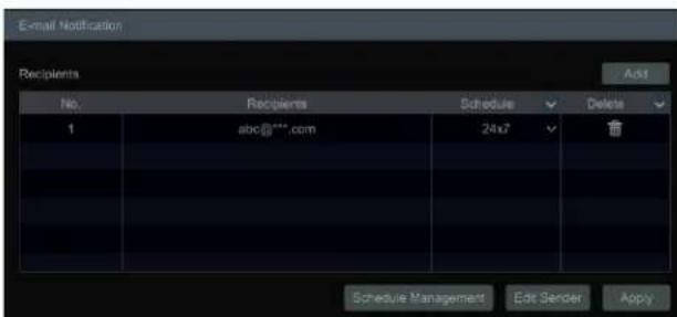 E-mail Notification Recipients Add No. Recipients Schedule Delete 1 abc@***.com 24x7 Schedule Management Edit Sender Apply