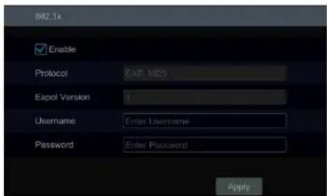8HZ.1x Enable Protocol EXP.MCS Eapol Version 1 Username Enter Username Password Enter Password Apply