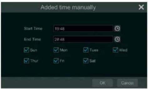 Added time manually Start Time 19:48 End Time 28:48 Sun Mon Tues Wed Thur Fn Sat OK Cancel