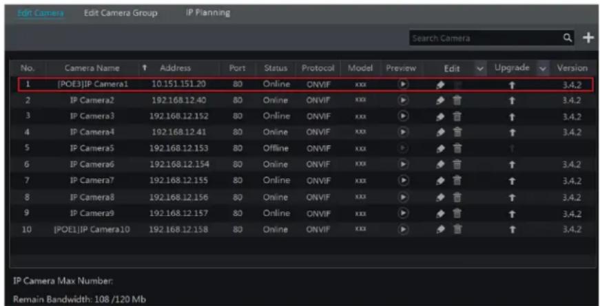 Edit Camera Edit Camera Group IP Planning Search Camera No. Camera Name ↑ Address Port Status Protocol Model Preview Edit Upgrade Version 1 [POE3]IP Camera1 10.151.151.20 80 Online ONVIF xxx ▶ ♦ ↑ ↑ 3.4.2 2 IP Camera2 192.168.12.40 80 Online ONVIF xxx ▶ ♦ ↑ ↑ 3.4.2 3 IP Camera3 192.168.12.152 80 Online ONVIF xxx ▶ ♦ ↑ ↑ 3.4.2 4 IP Camera4 192.168.12.41 80 Online ONVIF xxx ▶ ♦ ↑ ↑ 3.4.2 5 IP Camera5 192.168.12.153 80 Offline ONVIF xxx ▶ ♦ ↑ 6 IP Camera6 192.168.12.154 80 Online ONVIF xxx ▶ ♦ ↑ ↑ 3.4.2 7 IP Camera7 192.168.12.155 80 Online ONVIF xxx ▶ ♦ ↑ ↑ 3.4.2 8 IP Camera8 192.168.12.156 80 Online ONVIF xxx ▶ ♦ ↑ ↑ 3.4.2 9 IP Camera9 192.168.12.157 80 Online ONVIF xxx ▶ ♦ ↑ ↑ 3.4.2 10 [POE1]IP Camera10 192.168.12.158 80 Online ONVIF xxx ▶ ♦ ↑ ↑ 3.4.2 IP Camera Max Number: Remain Bandwidth: 108 /120 Mb