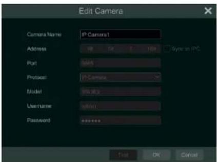 Edit Camera Camera Name: IP Camera1 Address: 98 for 100 Port: 5045 Protocol: IP Camera2 Model: PC-PC Username: 6001 Password: ****** End OK Cancel