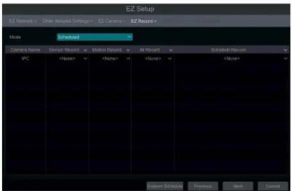 EZ Setup EZ Network > Other Ascurs Settings > EZ Camera > EZ Record > Mode Schedule1 Current Name Schedule Record Motion Record All Record Schedule Records IPC Options Schedule Preview Next Cancel