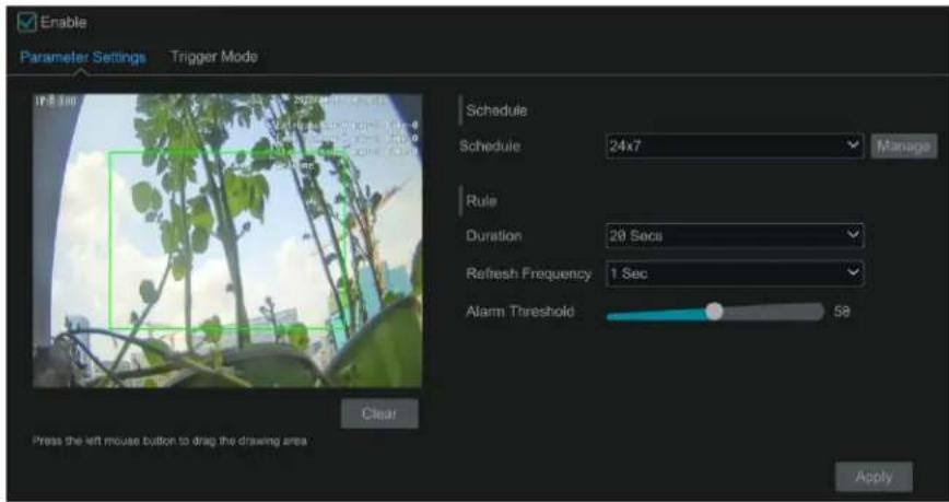 Enable Parameter Settings Trigger Mode Schedule Schedule 24x7 Manage Rule Duration 20 Secs Refresh Frequency 1 Sec Alarm Threshold 58 Clear Press the left mouse button to drag the drawing area Apply