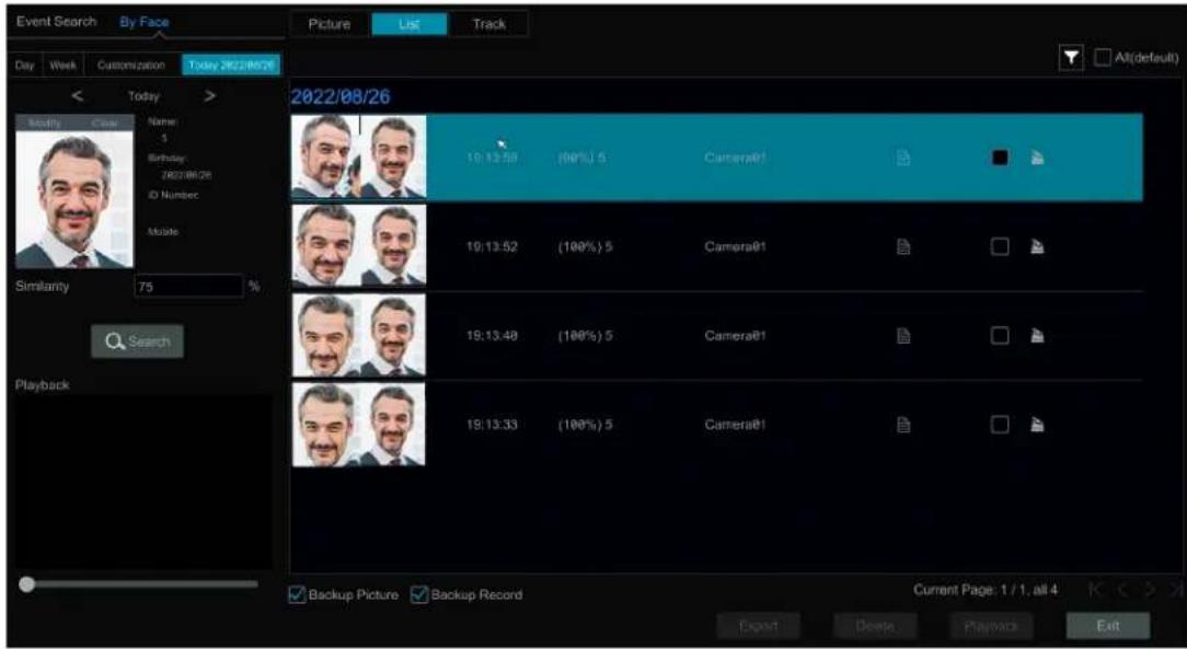 Event Search By Face Picture List Track Day Week Customization Today 2022/08/26 Today Modify Clear Name: 5 Birthday 2022/08/26 ID Number Mobile Similarity 75 % Search Playback 2022/08/26 19:13:59 (100%) 5 Camera@1 19:13:52 (100%) 5 Camera@1 19:13:48 (100%) 5 Camera@1 19:13:33 (100%) 5 Camera@1 Backup Picture Backup Record Current Page: 1 / 1, all 4 Export Delete Playback Exit