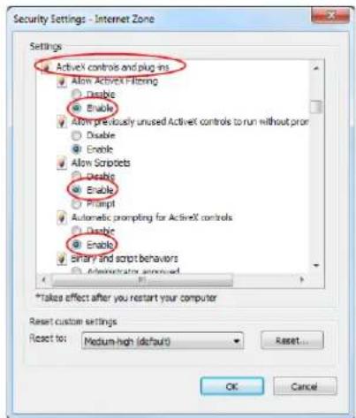 Security Settings - Internet Zone Settings ActiveX controls and plug-in Allow ActiveX Filtering Disable Enable Allow previously unused ActiveX controls to run without prior Disable Enable Allow Scriptets Disable Enable Prompt Automatic prompting for ActiveX controls Disable Enable Binary and script behaviors Administrator approved *Takes effect after you restart your computer Reset custom settings Reset to: Medium-high (default) Reset... OK Cancel