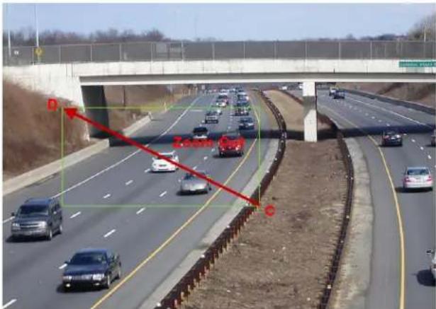 Highway scene with visible traffic and red annotation arrows, including 'Zoom Ford' and a green bounding box