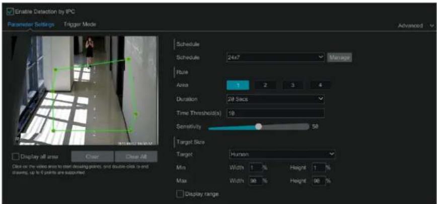 Enable Detection by IPC Parameter Settings Trigger Mode Schedule Schedule 24x7 Manage Rule Area 1 2 3 4 Duration 29 Sacs Time Threshold(s) 10 Sensitivity 50 Target Size Target Human Min Width 1 % Height 1 % Max Width 90 % Height 90 % Display all area Clear Clear All Click on the video drive to start drawing points, and double-click to end drawing, up to 6 points are supported