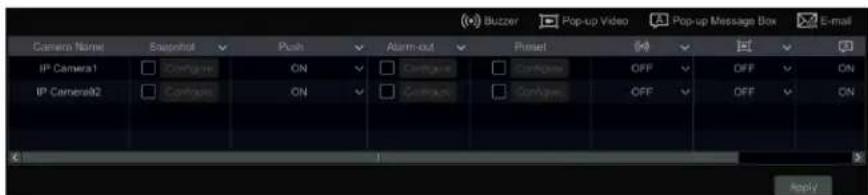 Camera Name Snapshot Push Alarm-out Preset IP Camera1 Configure ON Configure OFF OFF ON IP Camera02 Configure ON Configure OFF OFF ON Apply