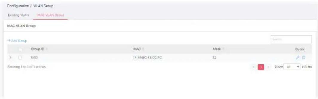Configuration / VLAN Setup Existing VLAN MAC VLAN Group MAC VLAN Group +Add Group Group ID MAC Mask Option 1500 14:49BC43:0CFC 32 Showing 1 to 1 of 1 entries Show All entries