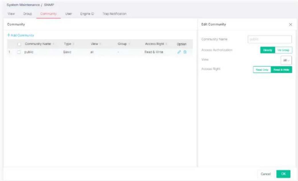 System Maintenance / SNMP View Group Community User Engine ID Trap Notification Community Add Community Community Name Type View Group Access Right Option public Basic all Read & Write Edit Community Community Name public Access Authorization View Access Right Read Only Read & Write Cancel OK