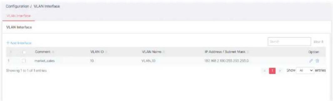 Configuration / VLAN Interface VLAN Interface VLAN Interface + Add Interface Comment VLAN ID VLAN Name IP Address / Subnet Mask Search Model 8 Option market_sales 10 VLAN_ID 182.168 2.100/255.255.255.0 Showing 1 to 1 of 1 entries Show All entries