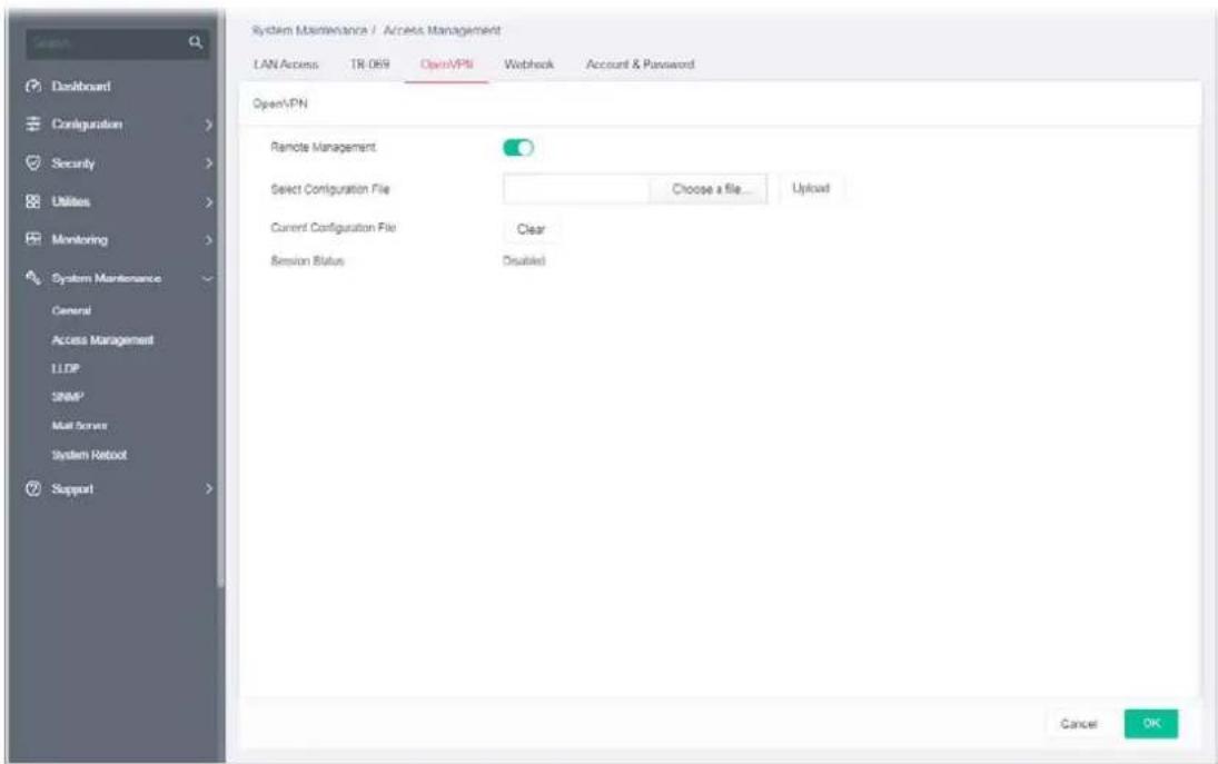System Maintenance / Access Management LAN Access TR 069 OpenVPN Workshop Account & Password OpenVPN Remote Management Select Configuration File Choose a file... Upload Current Configuration File Clear Session Status Disabled Cancel OK