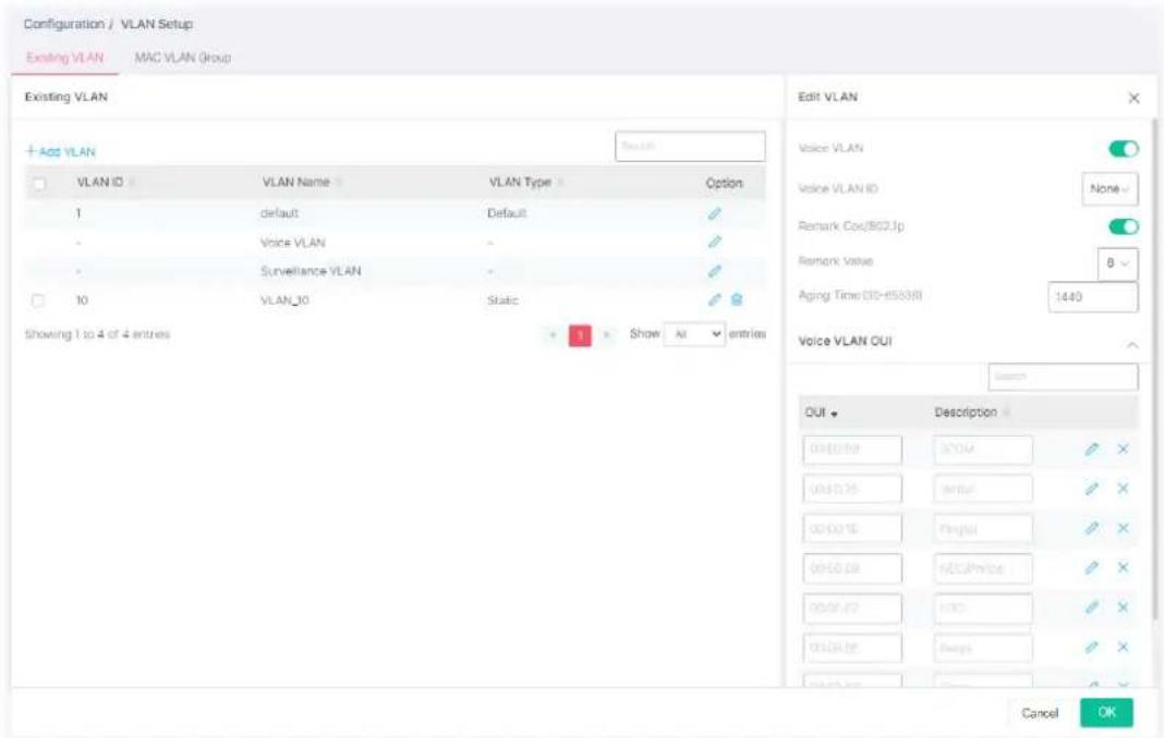 Configuration / VLAN Setup Existing VLAN MAC VLAN Group Existing VLAN + Add VLAN VLAN ID VLAN Name VLAN Type Option 1 Employment Default Voice VLAN Surveillance VLAN 10.VLAN_10 Static Show 1 to 4 of 4 entries Edit VLAN Voice VLAN Voice VLAN ID None Remark Cox/SO2.1p Remark Value 8 Aging Time CIO-6533(R) 14:40 Voice VLAN OUT OUT Description 00:00:00 300A 00:00:25 Write ✓ 00:00:16 Pingui ✓ 00:00:08 NOS@price ✓ 00:01:07 HOC ✓ 00:01:16 Options ✓ OK Cancel OK