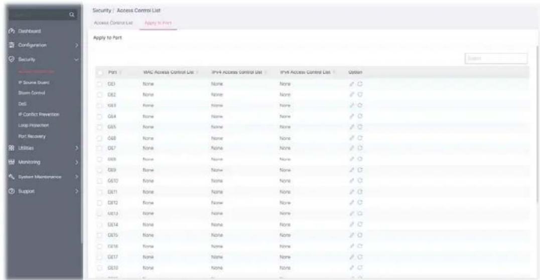 Security | Access Control List Access Control List Apply to Port Apply to Port Port MAC Access Control List IPv4 Access Control List IPv6 Access Control List Option GE1 None None None ✓○ GE2 None None None ✓○ GE3 None None None ✓○ GE4 None None None ✓○ GE5 None None None ✓○ GE6 None None None ✓○ GE7 None None None ✓○ GE8 None None None ✓○ GE9 None None None ✓○ GE10 None None None ✓○ GE11 None None None ✓○ GE12 None None None ✓○ GE13 None None None ✓○ GE14 None None None ✓○ GE15 None None None ✓○ GE16 None None None ✓○ GE17 None None None ✓○ GE18 None None None ✓○