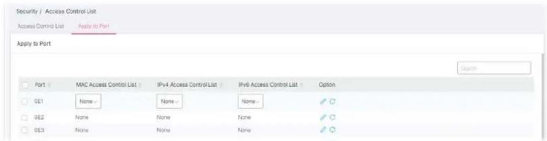 Security / Access Control List Access Control List Apply to Port Apply to Port Port MAC Access Control List IPv4 Access Control List IPv6 Access Control List Option GE1 None None None ✓ ✓ GE2 None None None ✓ ✓ GE3 None None None ✓ ✓