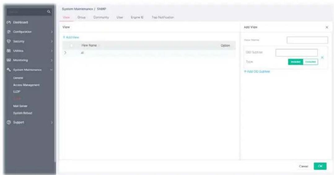 System Maintenance / SNMP View Group Community User Engine ID Test Notification View + Add View View Name Option > all Add View New Name: OD Substrs Type Included Excluded + Add OD Substrs Cancel OK
