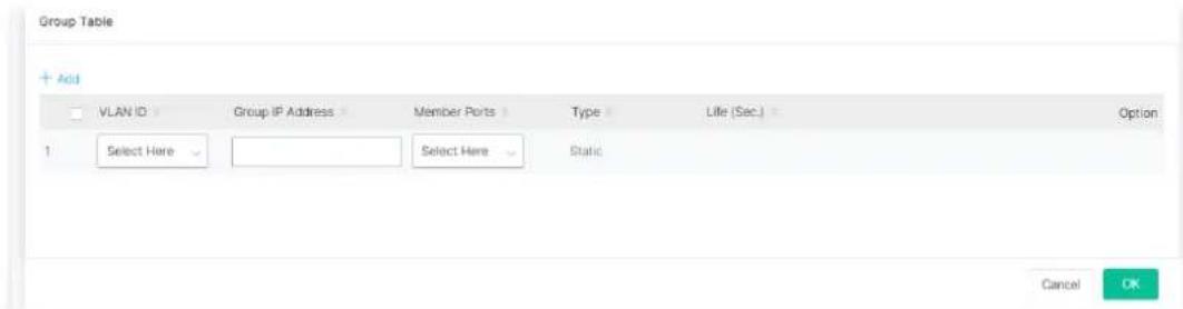 Group Table + Add VLAN ID Group IP Address Member Ports Type Life (Sec.) Option 1 Select Here Select Here Static Cancel OK